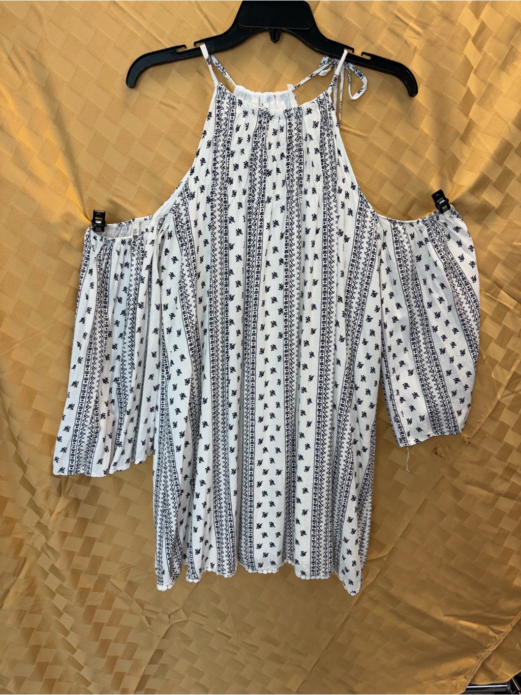 Very J White Cold-Shoulder Halter Top With Navy Stripe Print